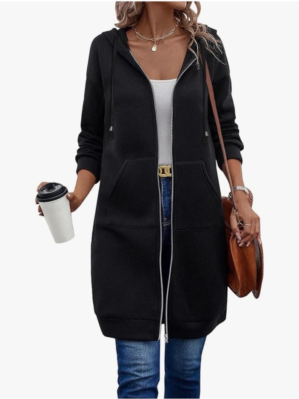 Elesol Casual Zip Up Fleece Hoodie Tunic Long Sweatshirt
